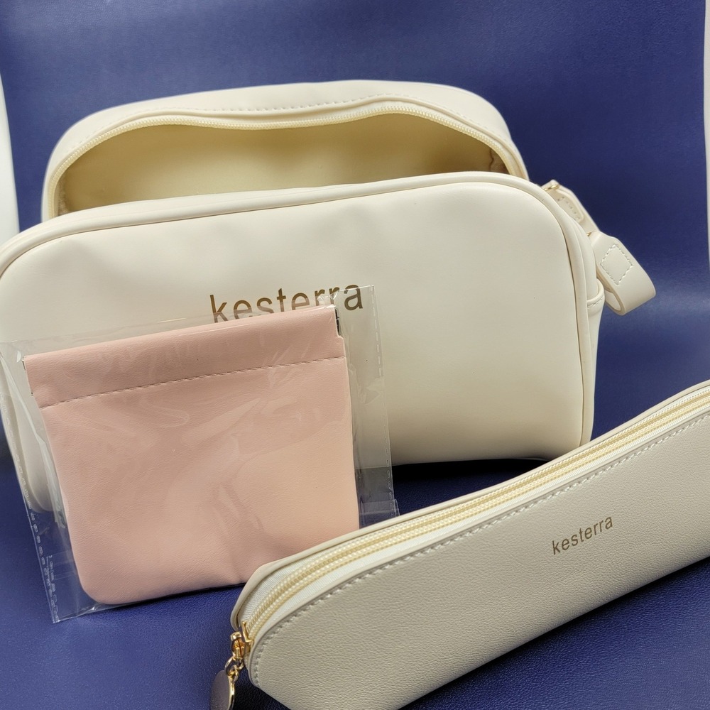 Kesterra 3 Piece Travel Makeup Bag Set Cream Vegan Leather Cosmetic Case